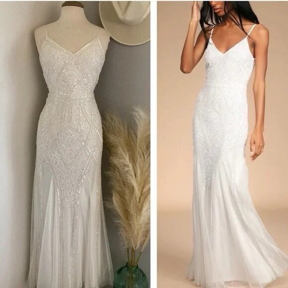 Lulus Dresses & Skirts - Lulus Just the Beginning White Beaded Sequin Mermaid Maxi Dress Medium V Neck